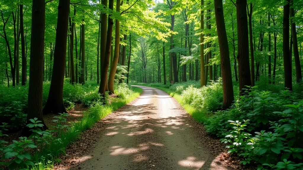 Trail path winding through forest with visible dirt surface, trees on sides, dappled sunlight, and clear trail markers
