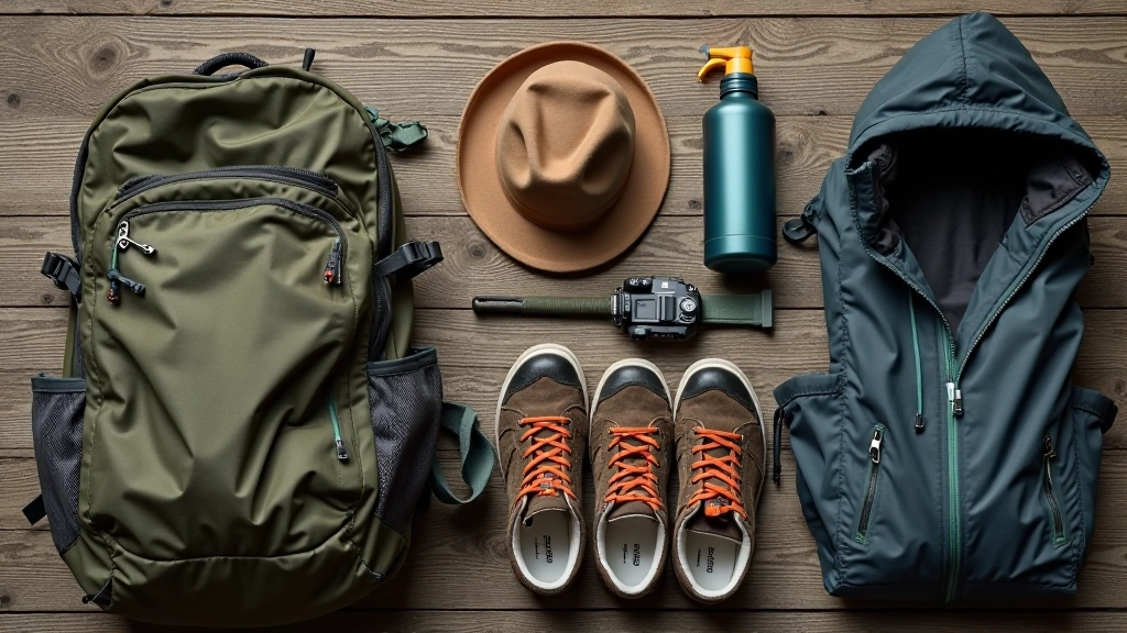 Backpack and hiking essentials laid out showing water bottle, hiking boots, jacket, hat and other trail gear on outdoor surface