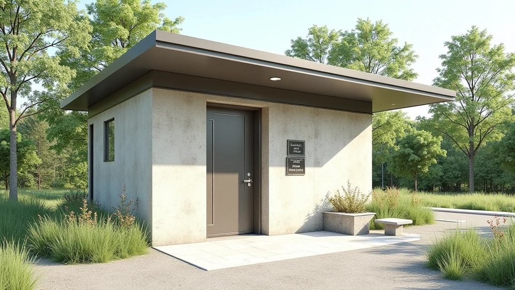 Modern restroom facility building with accessible entrance, clear signage, and surrounding landscaping