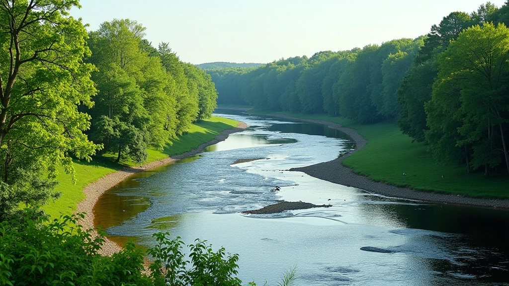 Daugava River bend with lush green vegetation and flowing water reflecting sunlight
