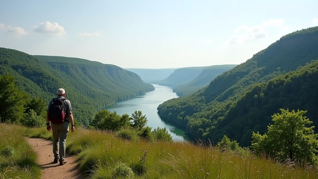 Hiking trail with moderate elevation gains showing scenic overlook of Daugava valley with green forest and river views
