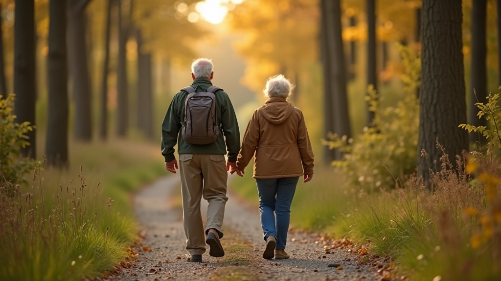 Senior hikers walking on a well-maintained trail through forested area with autumn leaves on ground