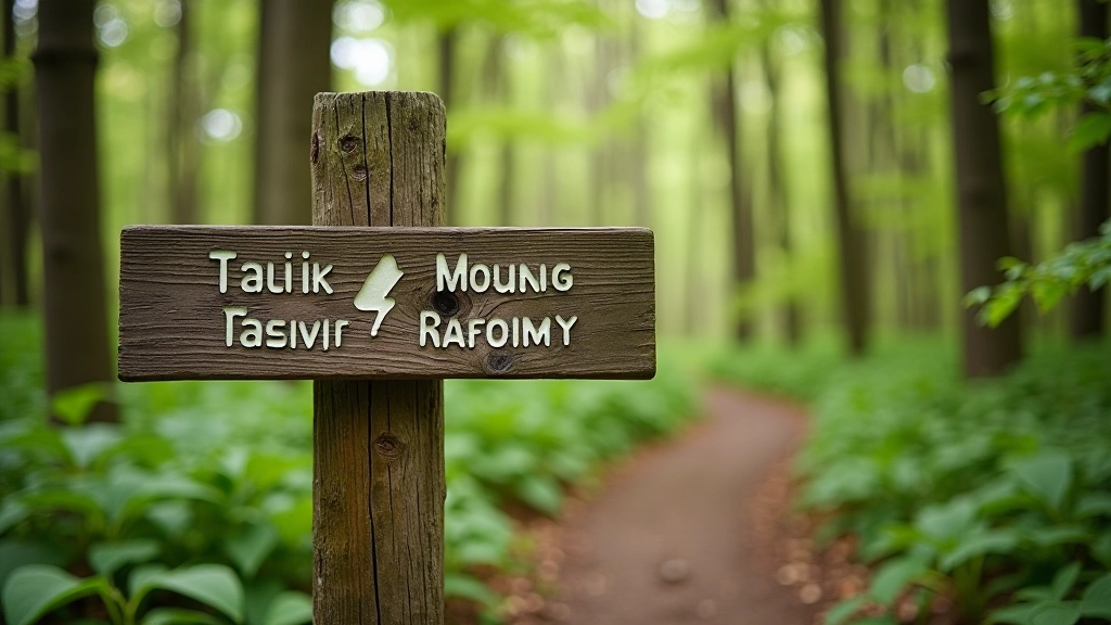 Trail information sign and marker with parking and facility details in natural setting