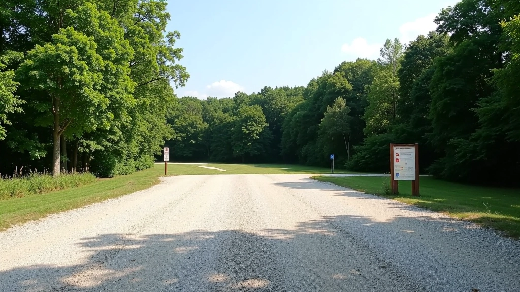Wide view of gravel parking area with designated spaces, forest backdrop, clear weather, information board at entrance
